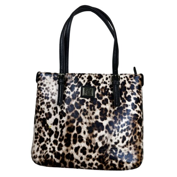 Anne Klein Leopard Print Purse Womens Medium Black Handles Animal Pattern - Picture 1 of 9